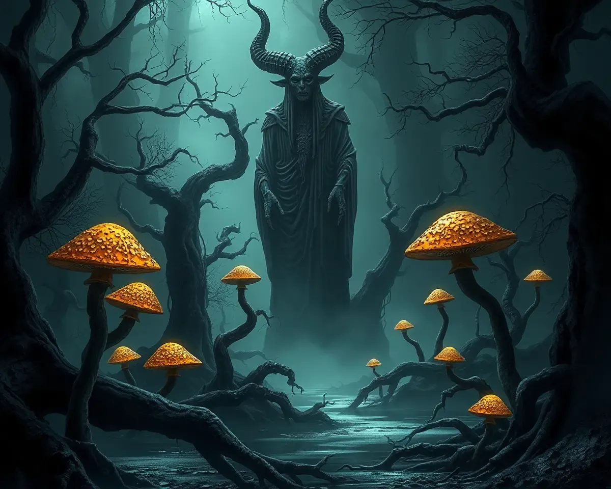 Eerie Swamp with Emerging Baphomet Statue