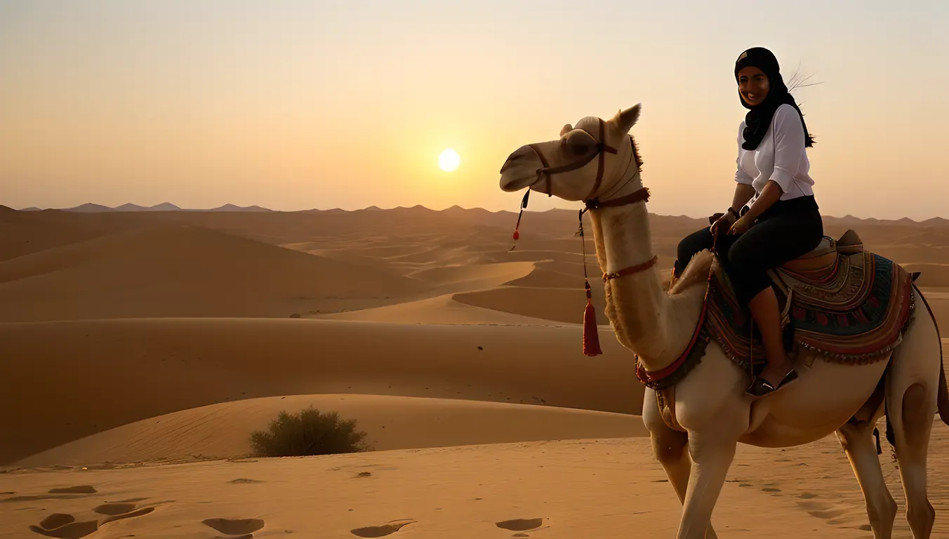 Egyptian Girl Rides Camel in Sunset Desert Scene