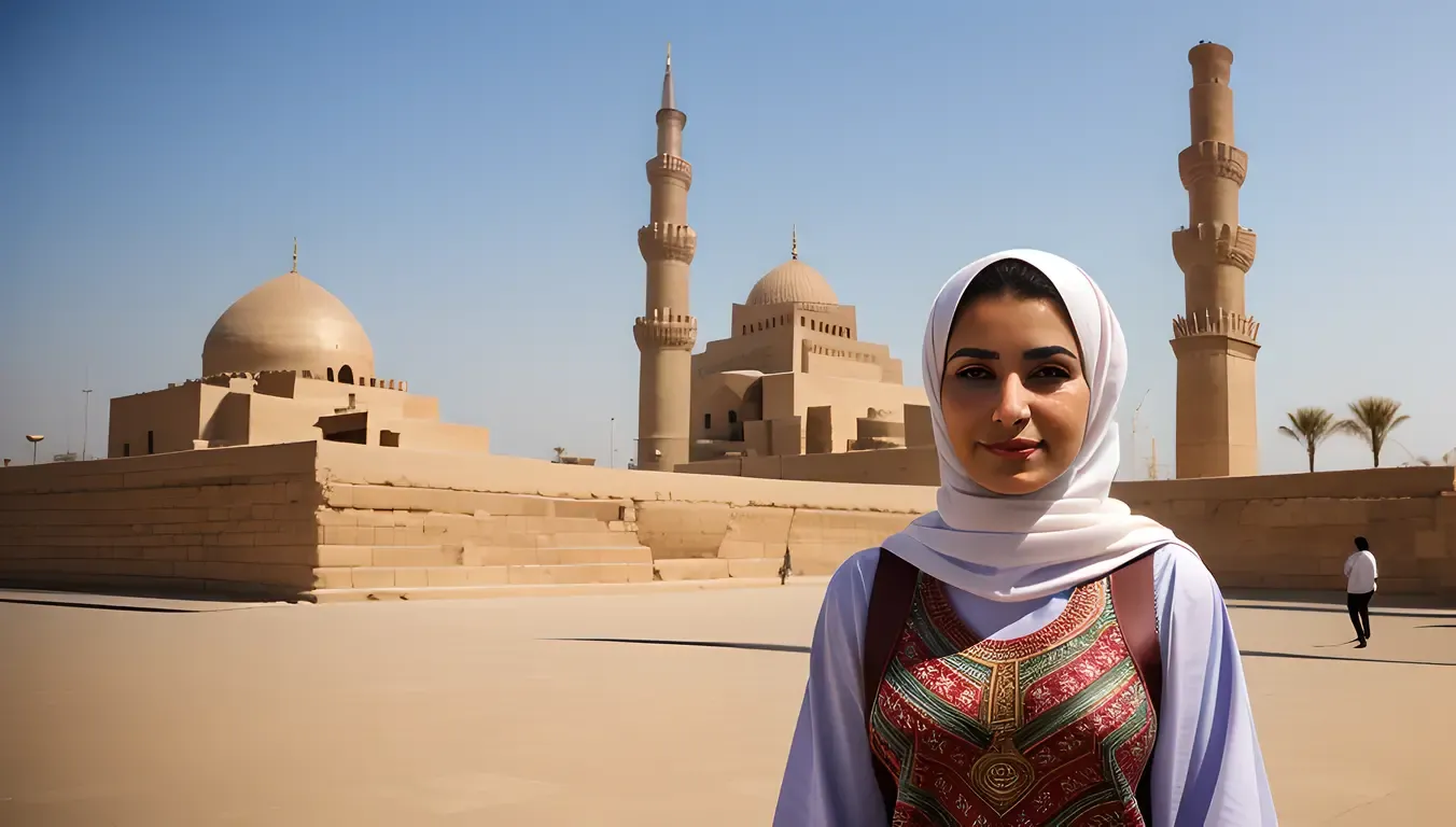 Egyptian Girl Stands by Majestic Mosque in Islamic Cairo