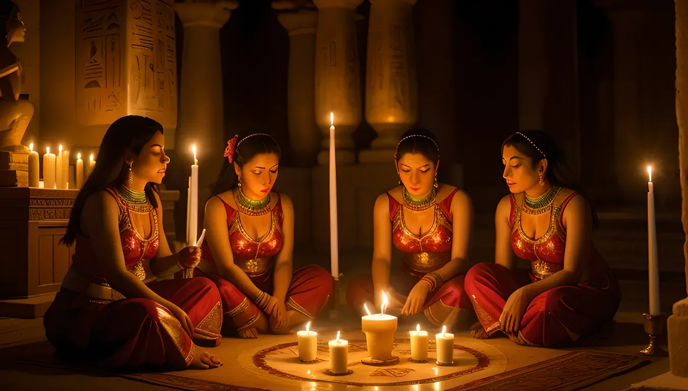 Egyptian Girls Perform Traditional Dance in Dimly Lit Temple