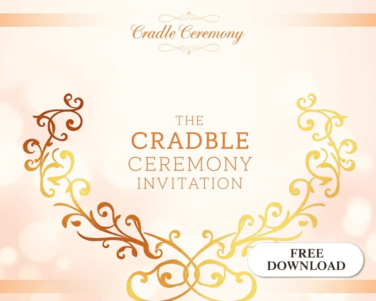Elegant Cradle Ceremony Invitation Card Template with Gold Filigree Design