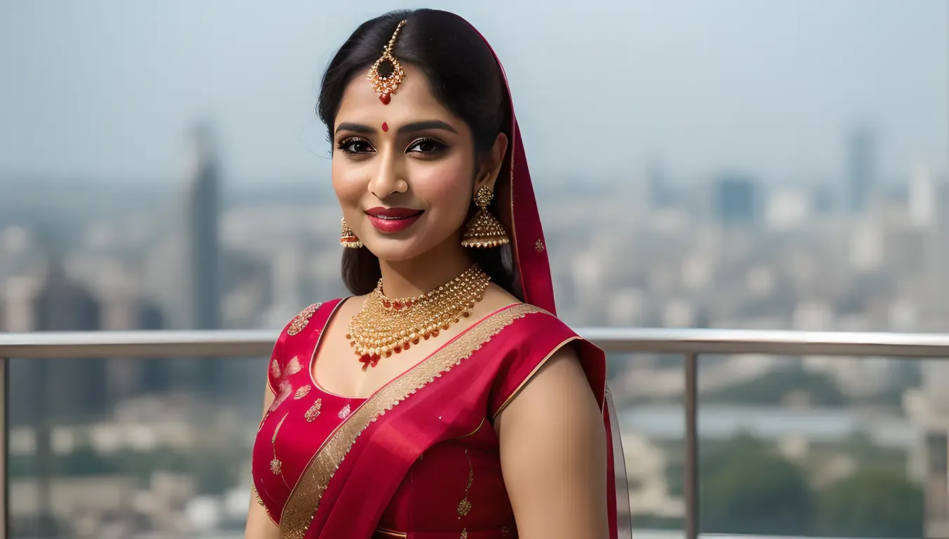 Elegant Deshi Bhabhi in Stunning Sari Cityscape Portrait