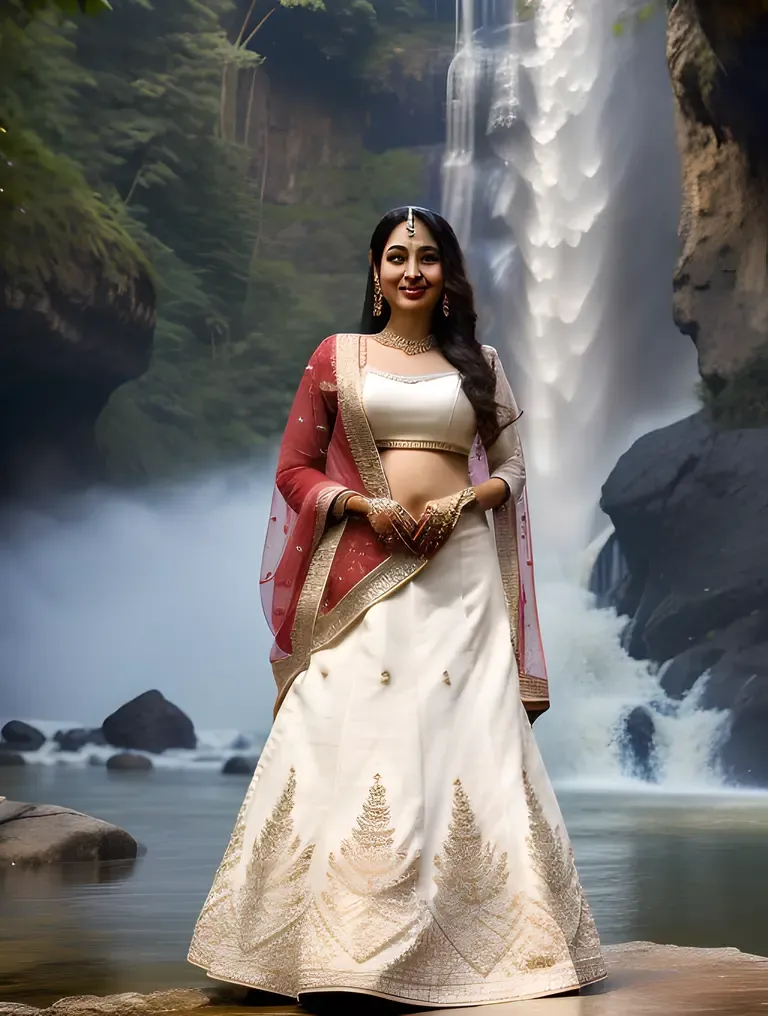 Elegant Dulhan in White and Silver Lehenga by Waterfall