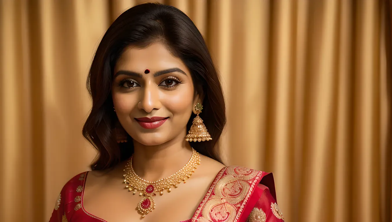Elegant Indian Bhabhi Poses in Traditional Sari Backdrop