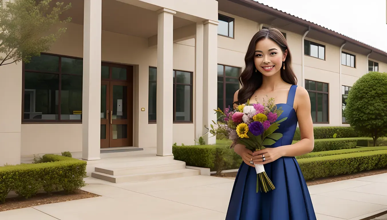 Elegant School Girl with Flowers and Formal Dress