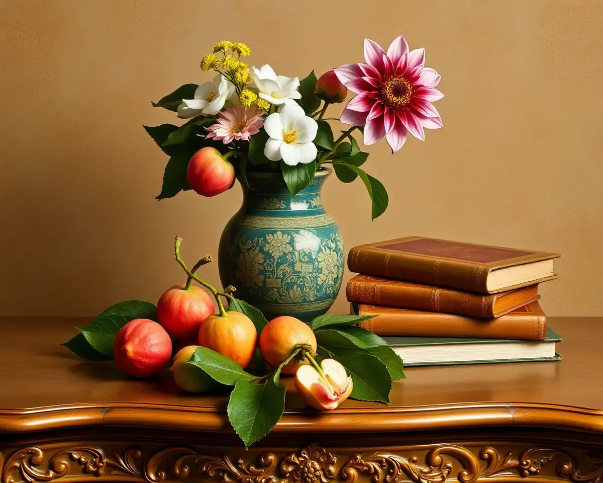 Elegant Still Life with Litchi, Flowers, and Books 🍊