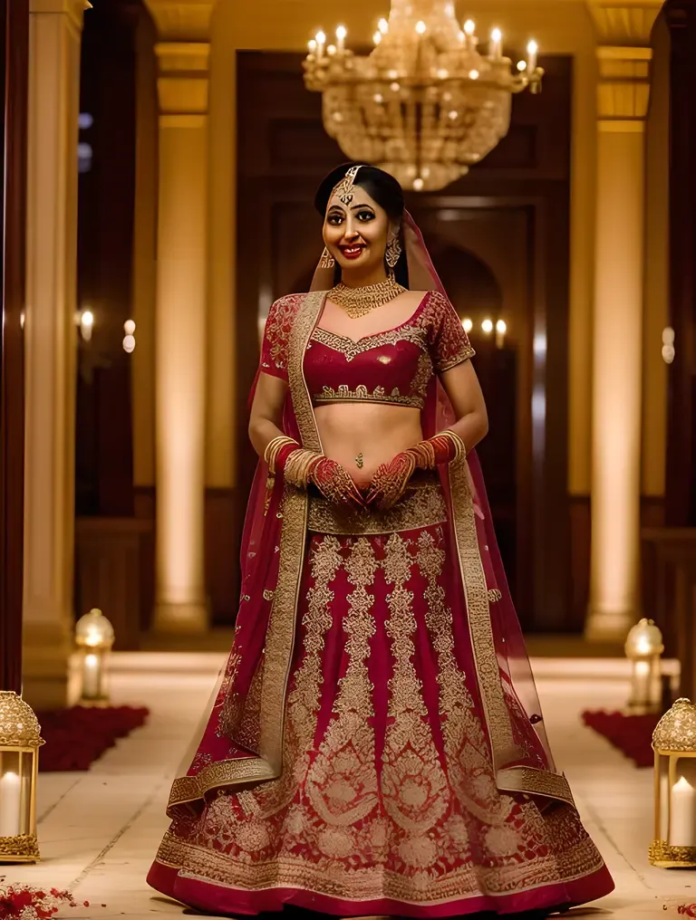 Elegantly Dressed Bride in Grand Hall with Chandeliers