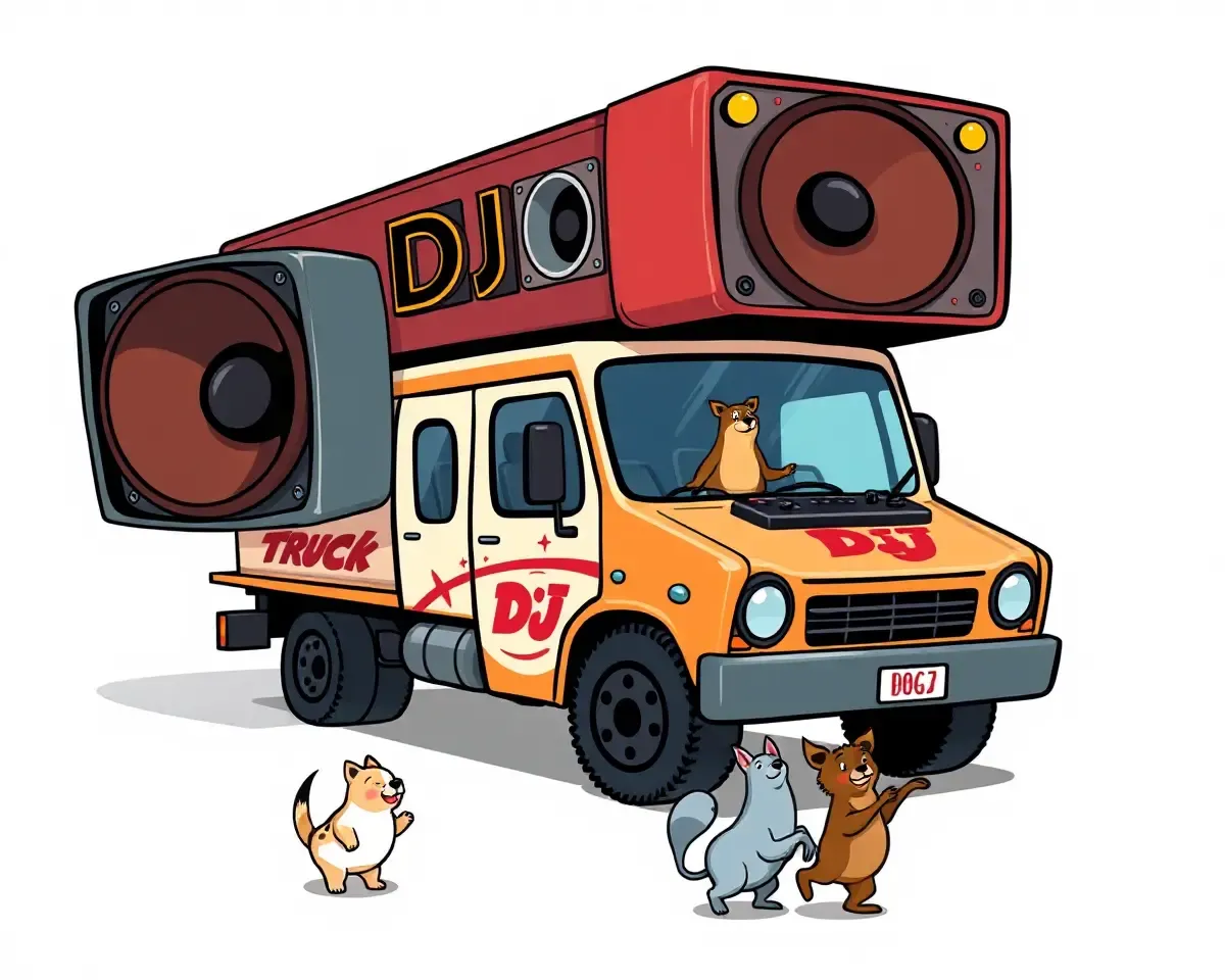 Exaggerated DJ Truck with Dancing Animals and Speaker