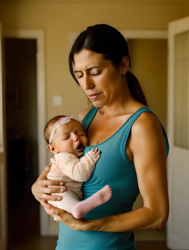 Exhausted Mother Holds Crying Baby in Dark Room