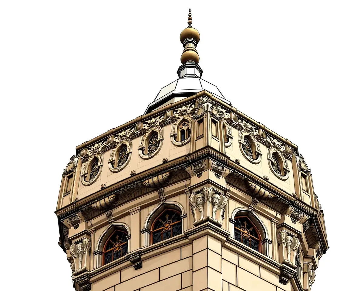 Exterior Masjid Minar Illustration with Intricate Stone Carvings