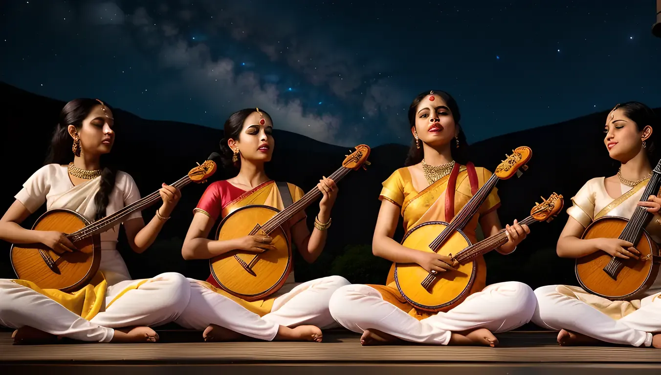 Fairies Play Saraswati's Veena Under Starry Night Sky