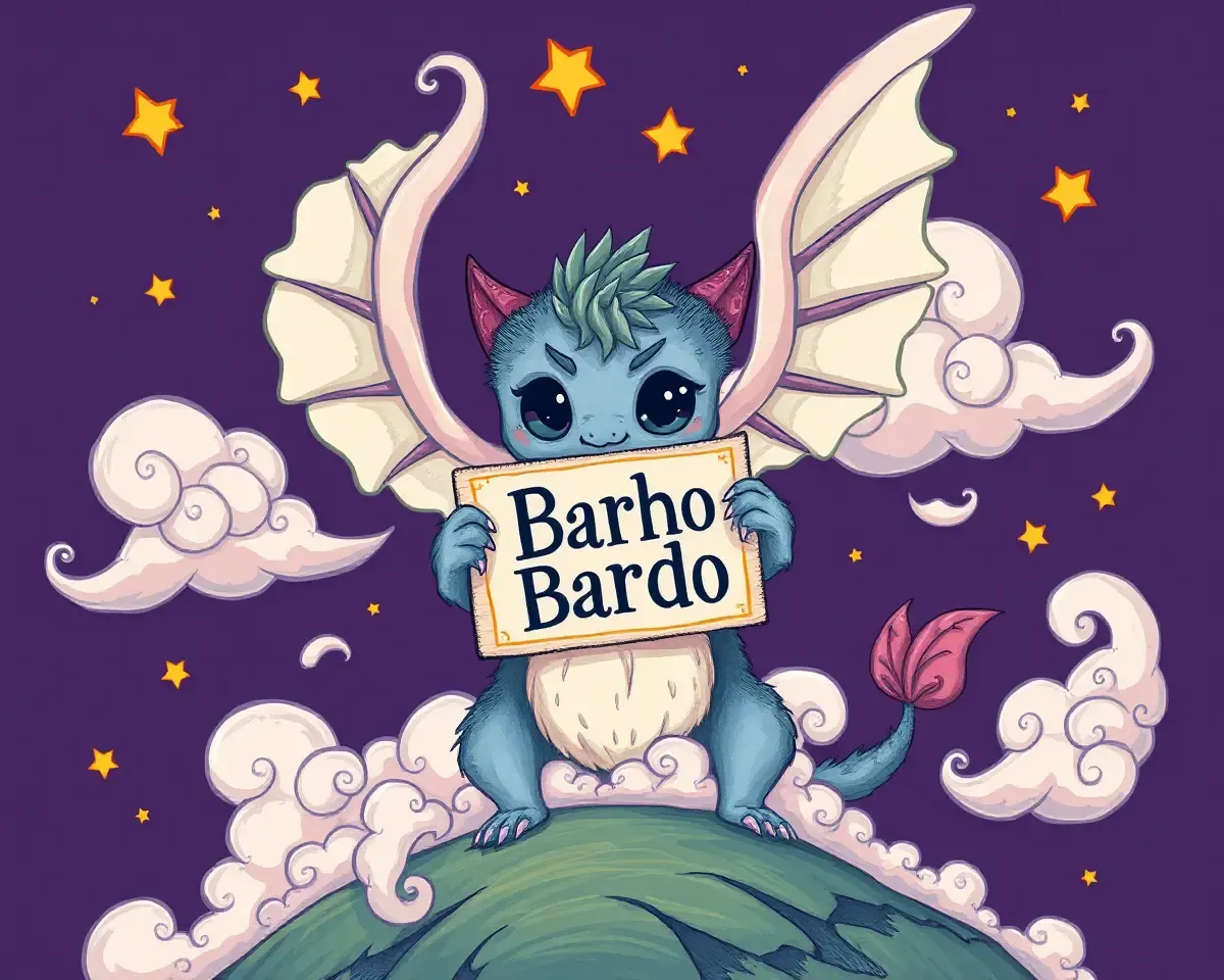 Fantastical Creature Holds Barho Card Amidst Whimsical Clouds