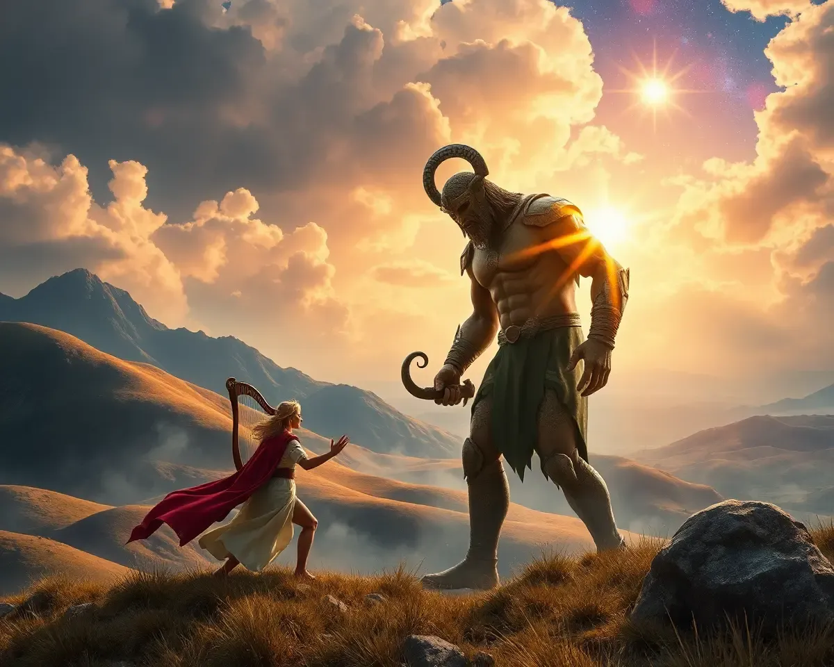 Fantastical David and Goliath Dreamlike Coloring Page