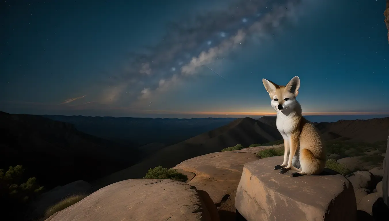 Fennec Fox Gazing at Starry Night Sky from Rocky Outcropping.