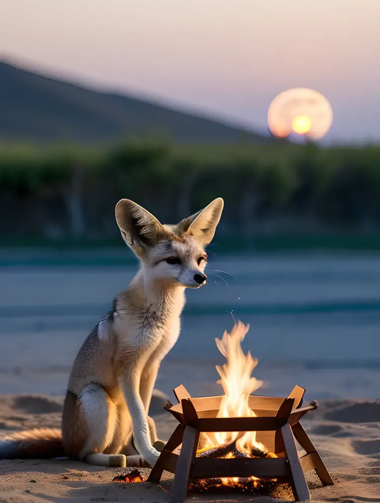 Fennec Fox Roasts Food by Nighttime Campfire