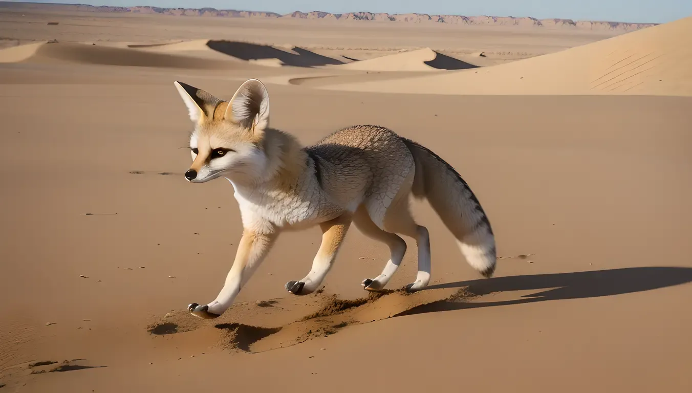 Fennec Fox Running Effortlessly Across Desert Floor with Long Legs.