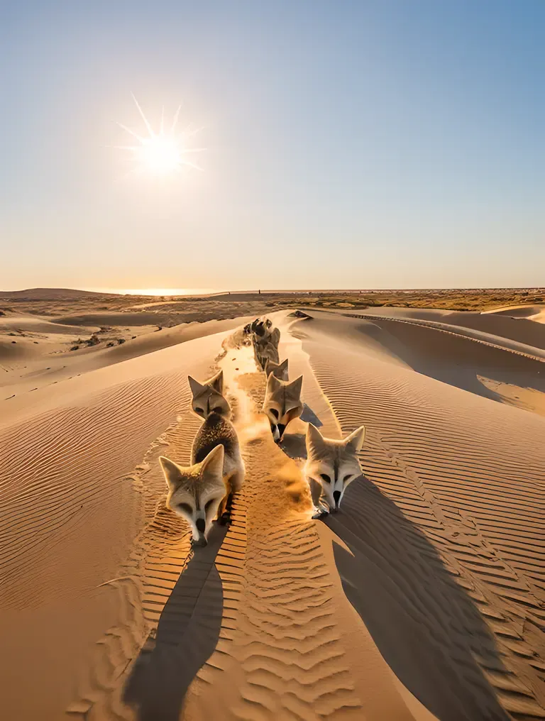 Fennec Foxes Play in Sandy Dune Sunset Scene