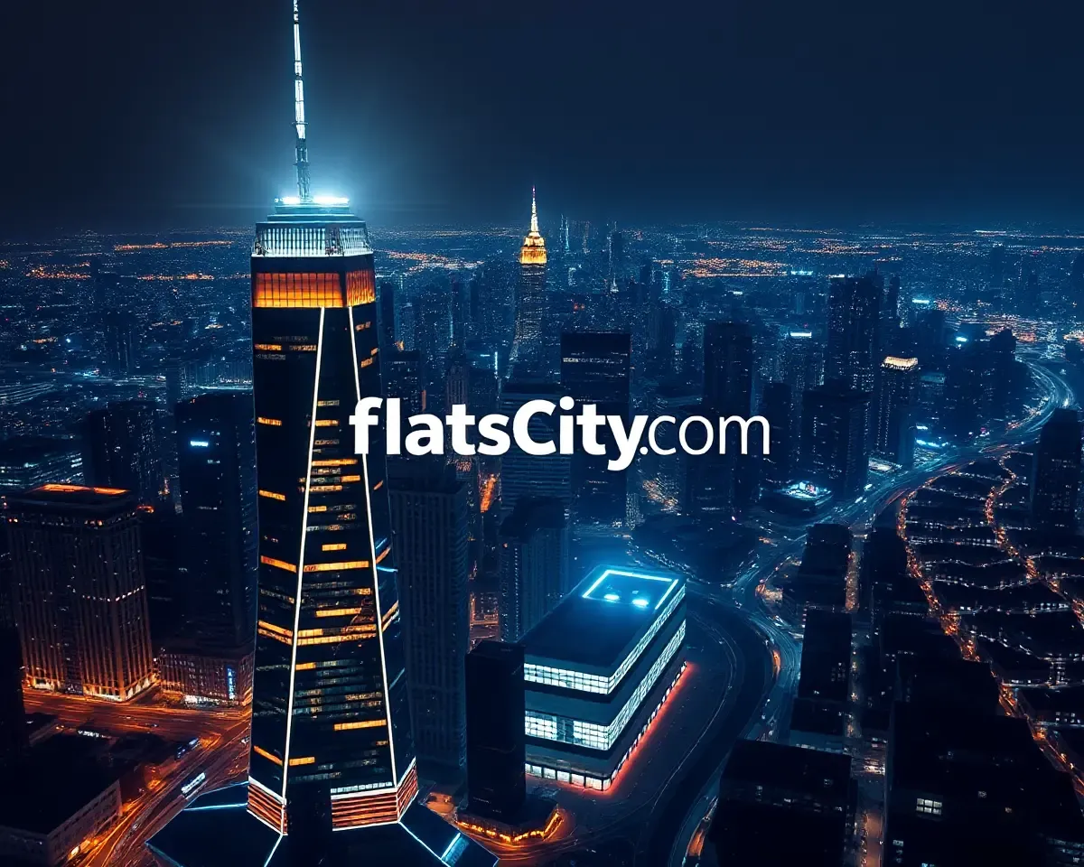 Flats City Com Logo Shines at Night Cityscape