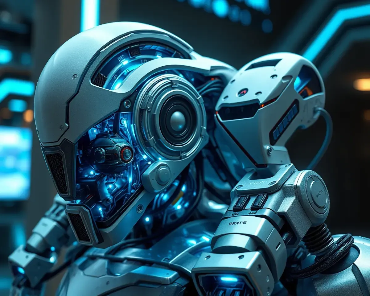 Flex Machine Integrated into Futuristic Robot with Glowing Blue Circuits