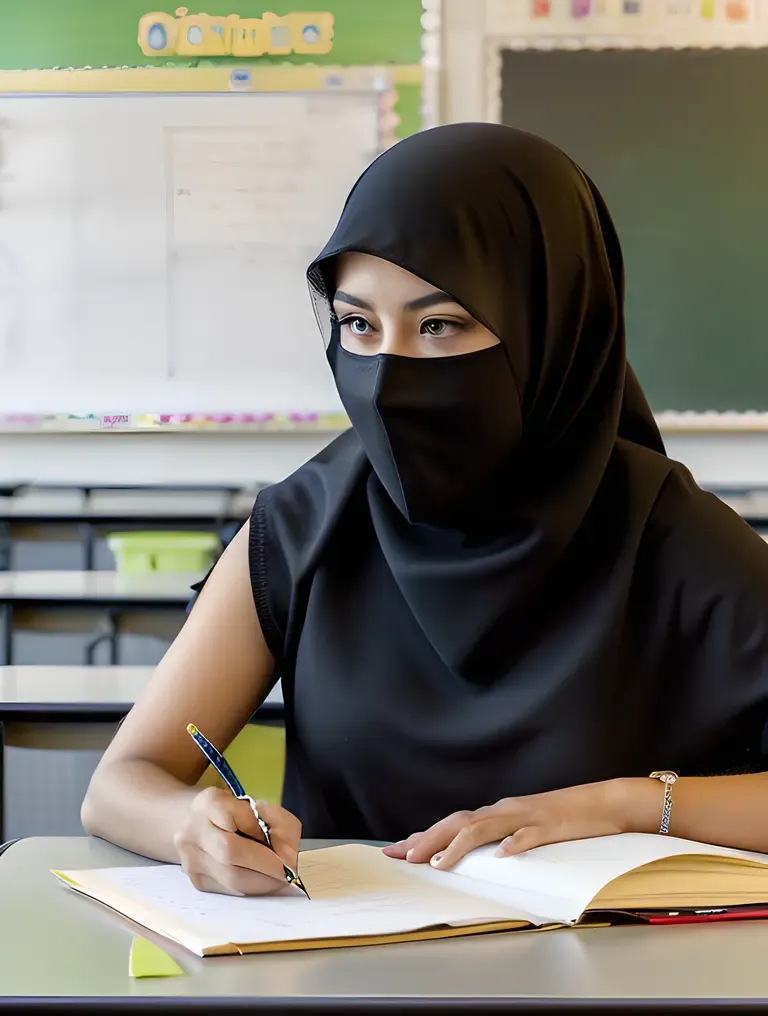 Focused Niqab-Cloaked Girl Completes Math Homework