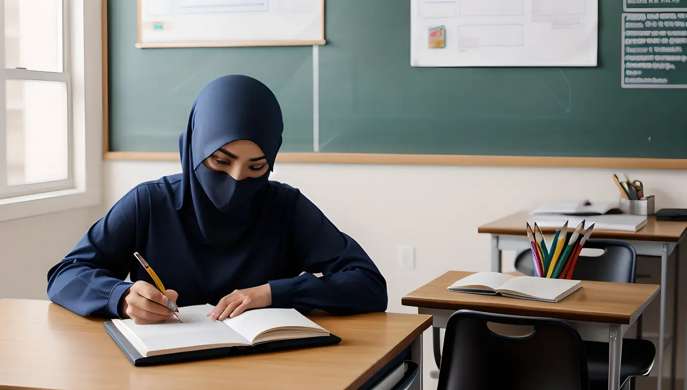 Focused Niqab Girl Studies at Desk with Books