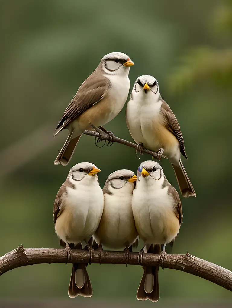 Foursome Birds Sing Harmony on Branch Together