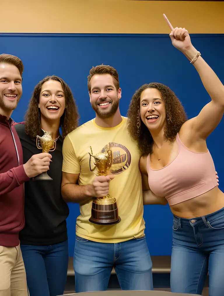 Foursome Friends Cheer Winning Trivia Competition Trophy