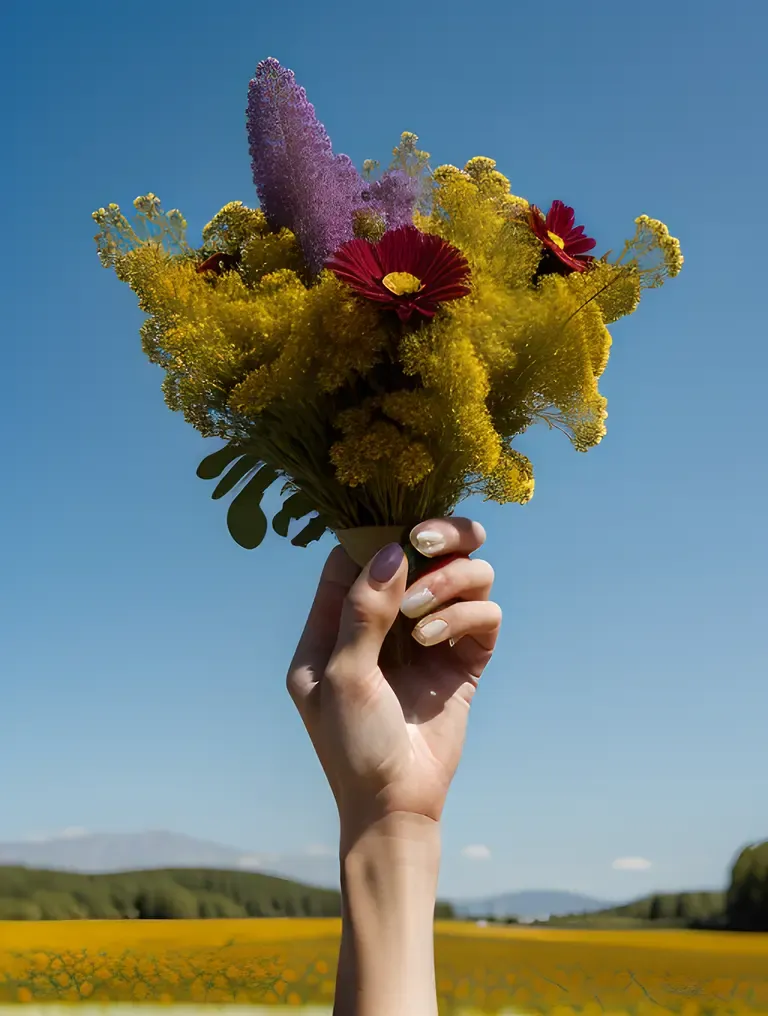 Freckled Hand Holds Wildflowers in Sun