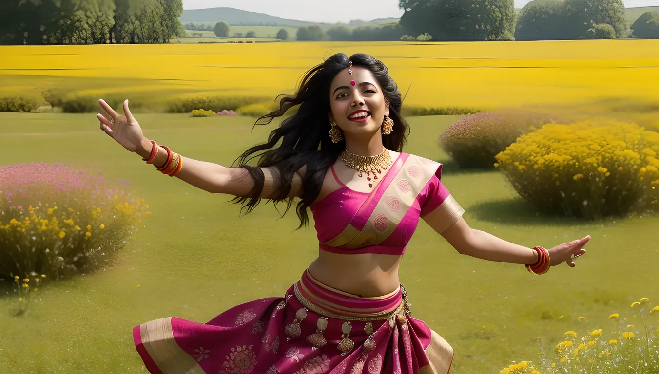 Free Indian Girl Dances in Colorful Meadow with Blooming Flowers