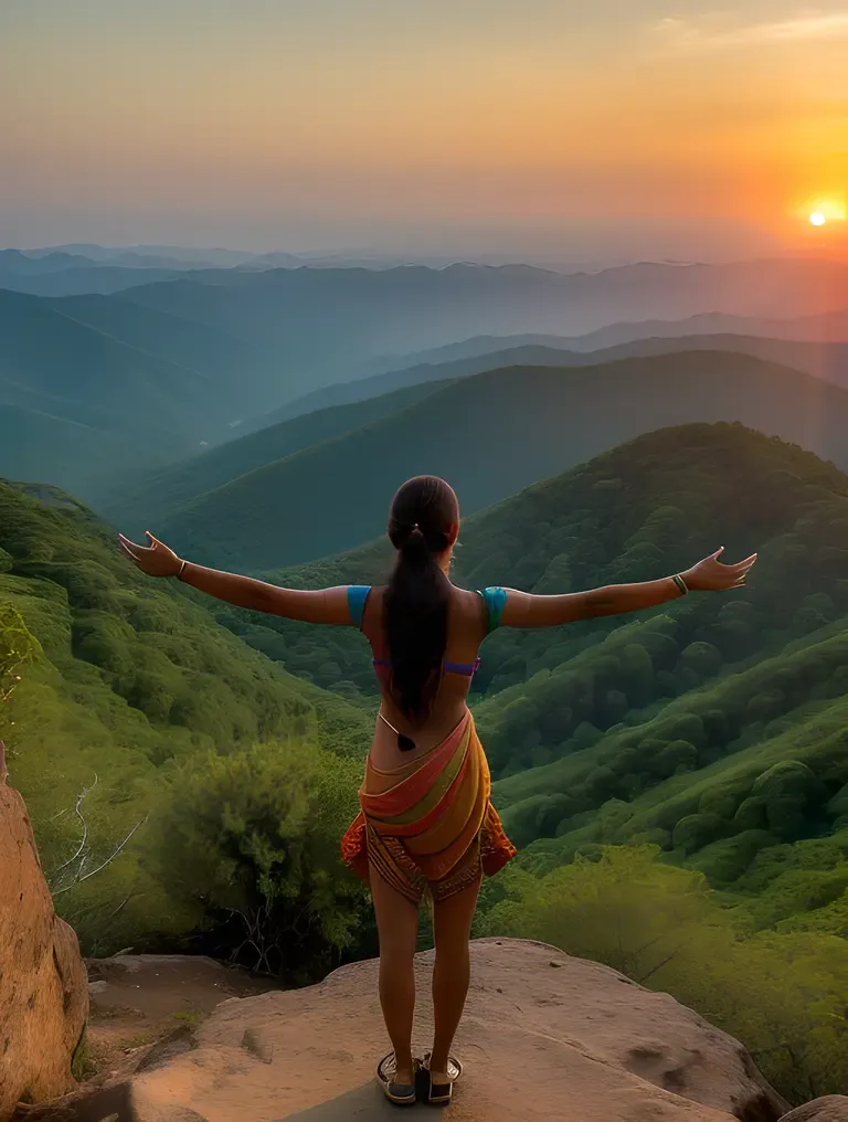 Free Indian Girl Enjoys Sunset on Mountain Peak