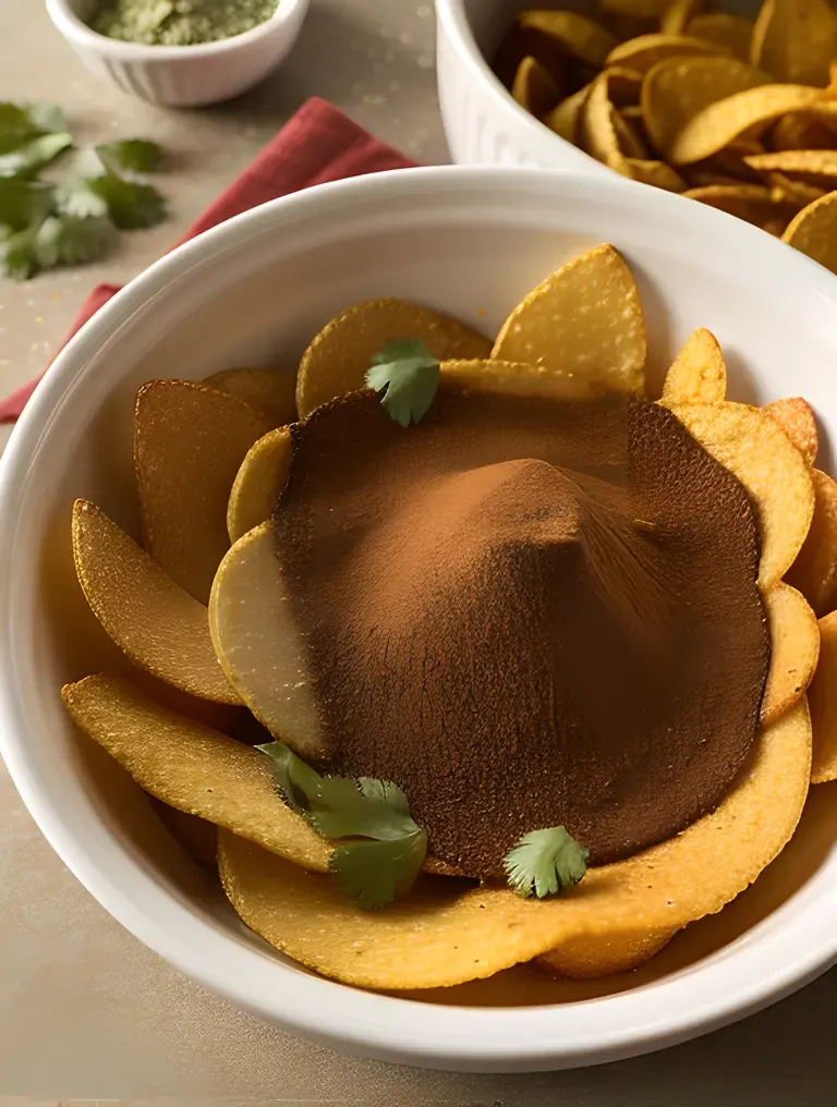 Freshly Made Murukku Chips with Cilantro and Chili Powder Garnish