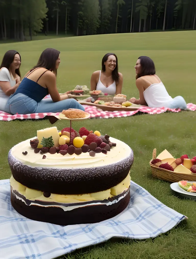 Friends Devour Black Forest Cake on Picnic Blanket
