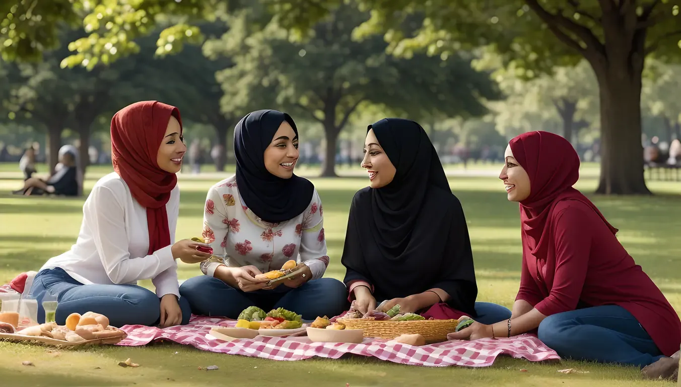 Friends Enjoy Picnic with Stylish Burkha Woman