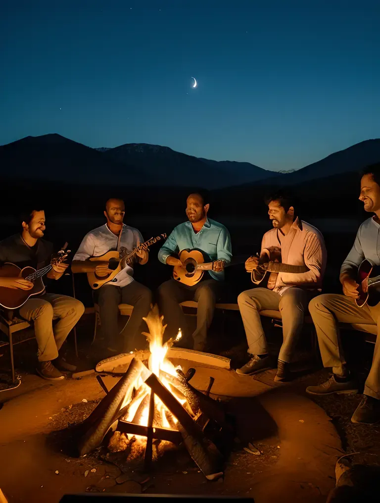 Friends Gather Around Campfire with Santoor Music