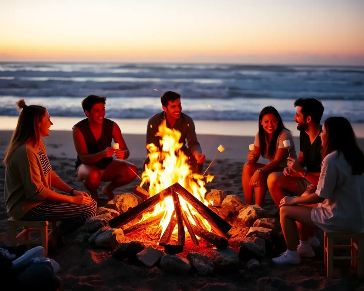 Friends Gather Around Roaring Beach Bonfire