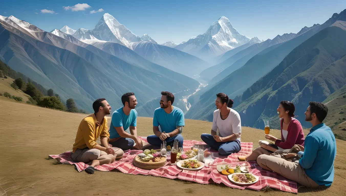 Friends Picnicking with Himalayan Mountain Range View