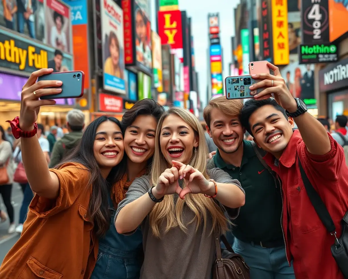 Friends Take Selfies with Nothing Phone 1 in Colorful City