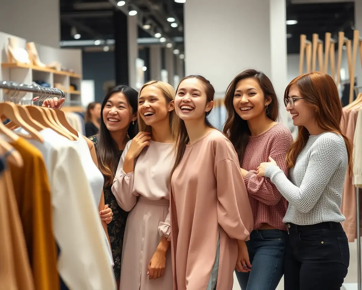 Friends Trying On Readymade Garments with Joyful Expressions