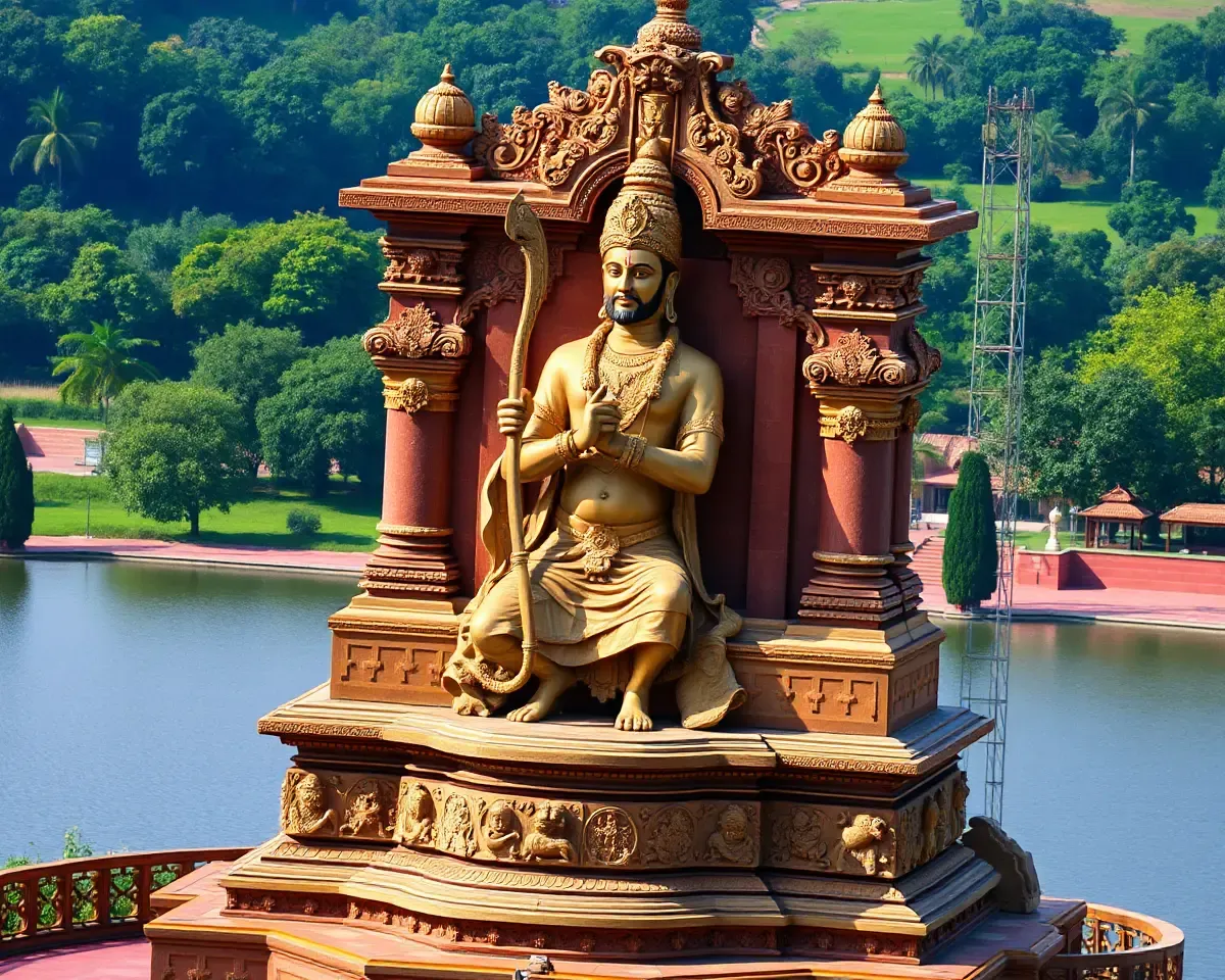 Full HD Shivaji Maharaj Statue PNG with Serene Lake and Lush Greenery