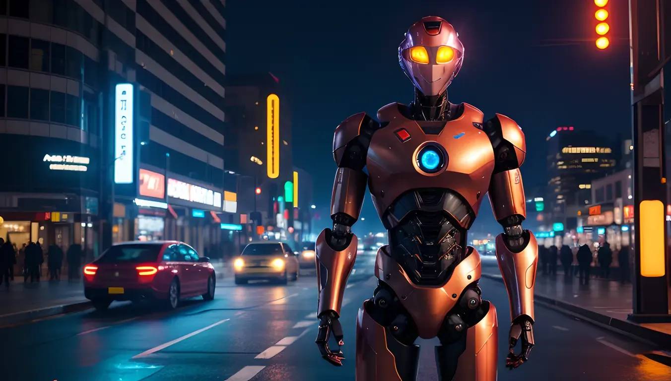 Futuristic AI Monk in Neon Cityscape