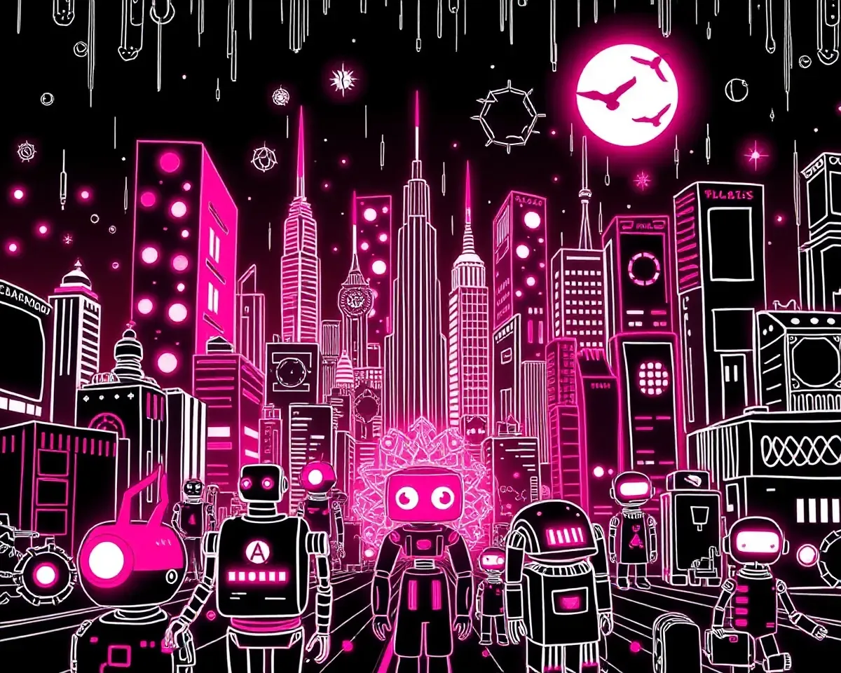 Futuristic Black Doodle Wallpaper with Neon Cityscapes Robots