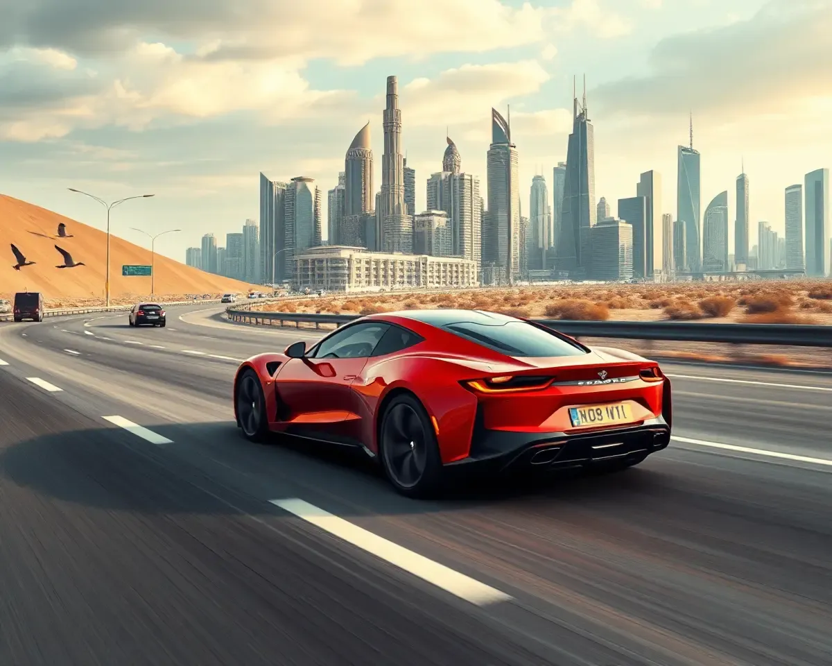 Futuristic City Mockup on Sports Car Racing Down Highway