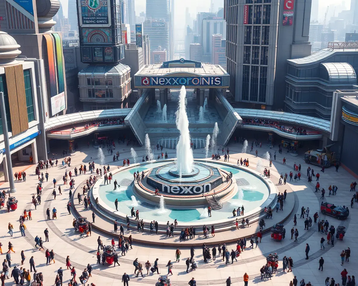 Futuristic City Square with Nexon Logo and Fountain