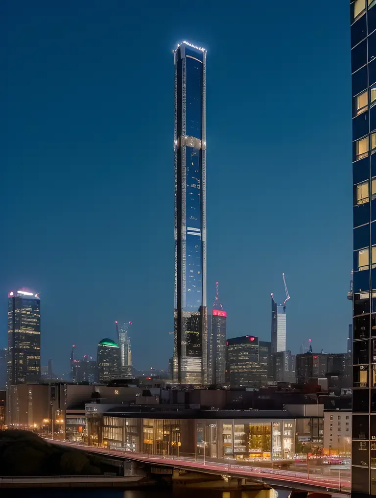 Futuristic City Stilt House with Neon Lights