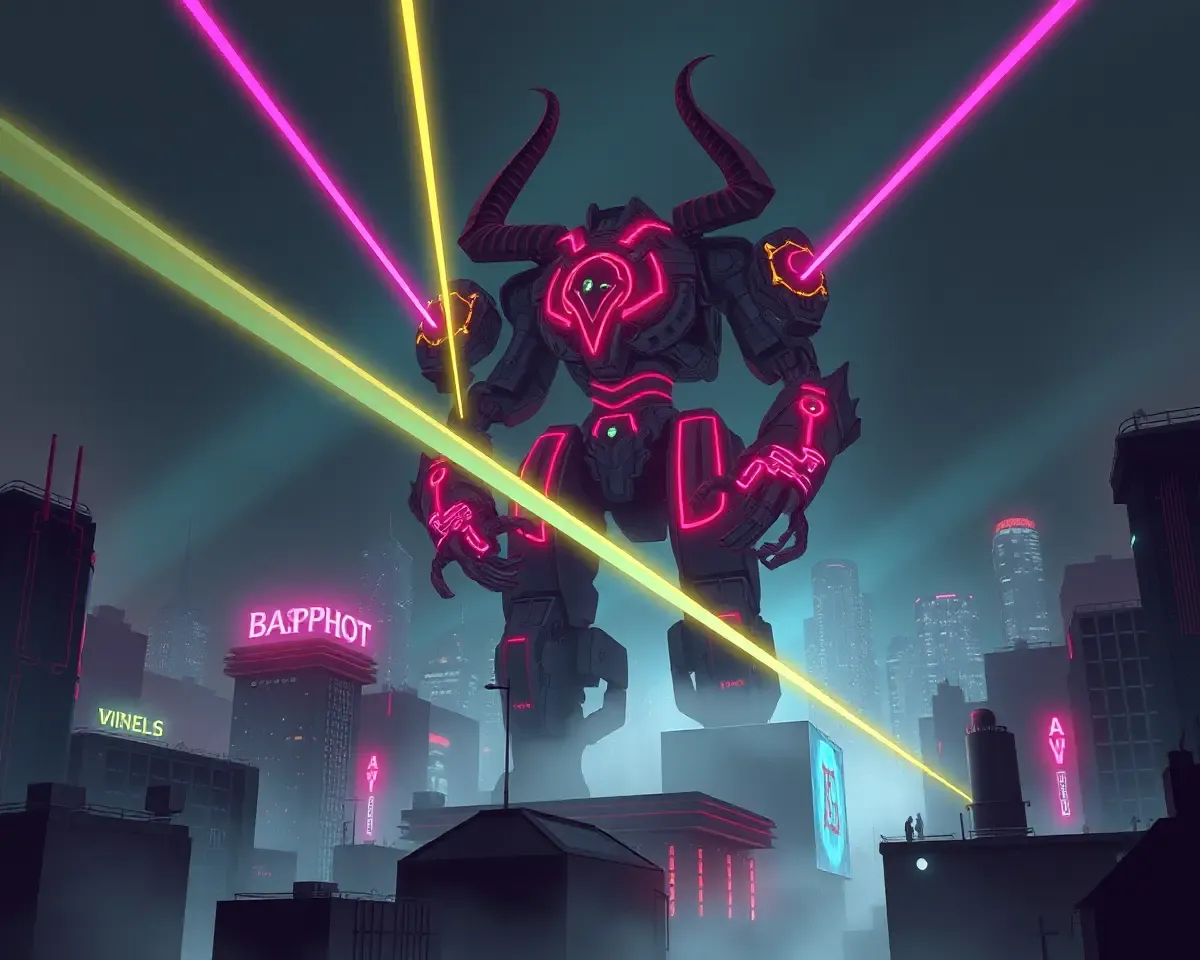 Futuristic City with Giant Baphomet Robot