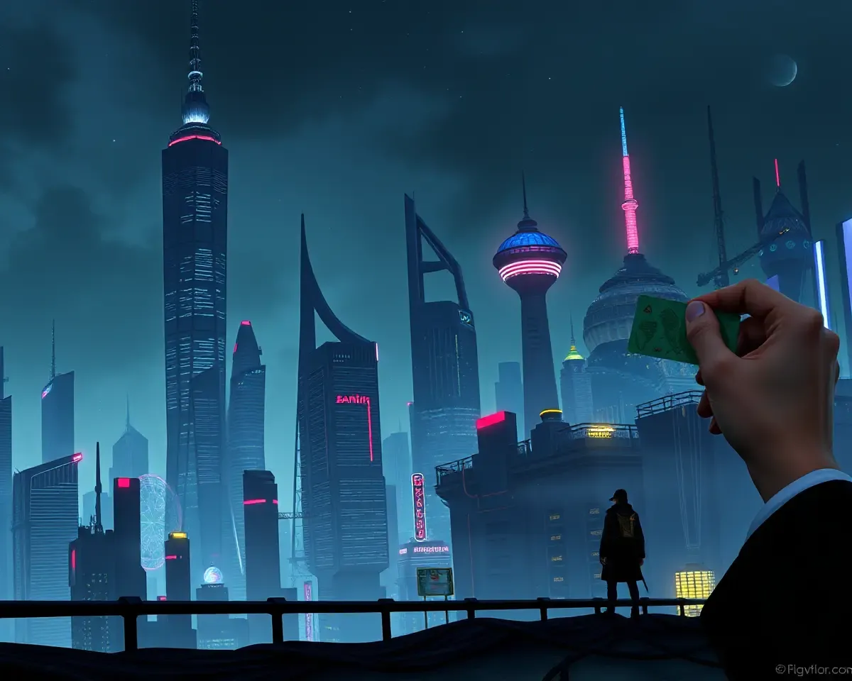 Futuristic Cityscape at Night with Barho Card in Distance