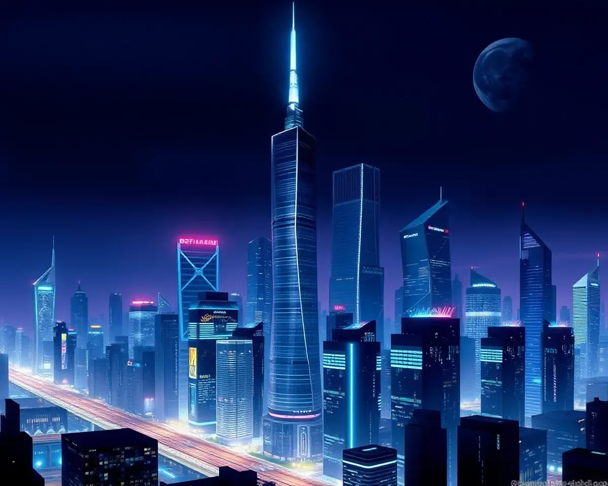 Futuristic Cityscape at Night with Neon Lights Wallpaper