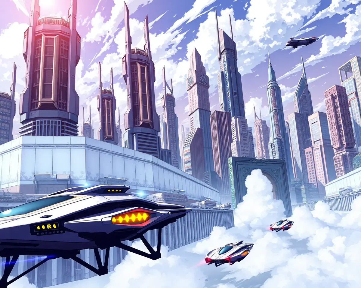 Futuristic Cityscape in Anime World with Towering Skyscrapers and Cars