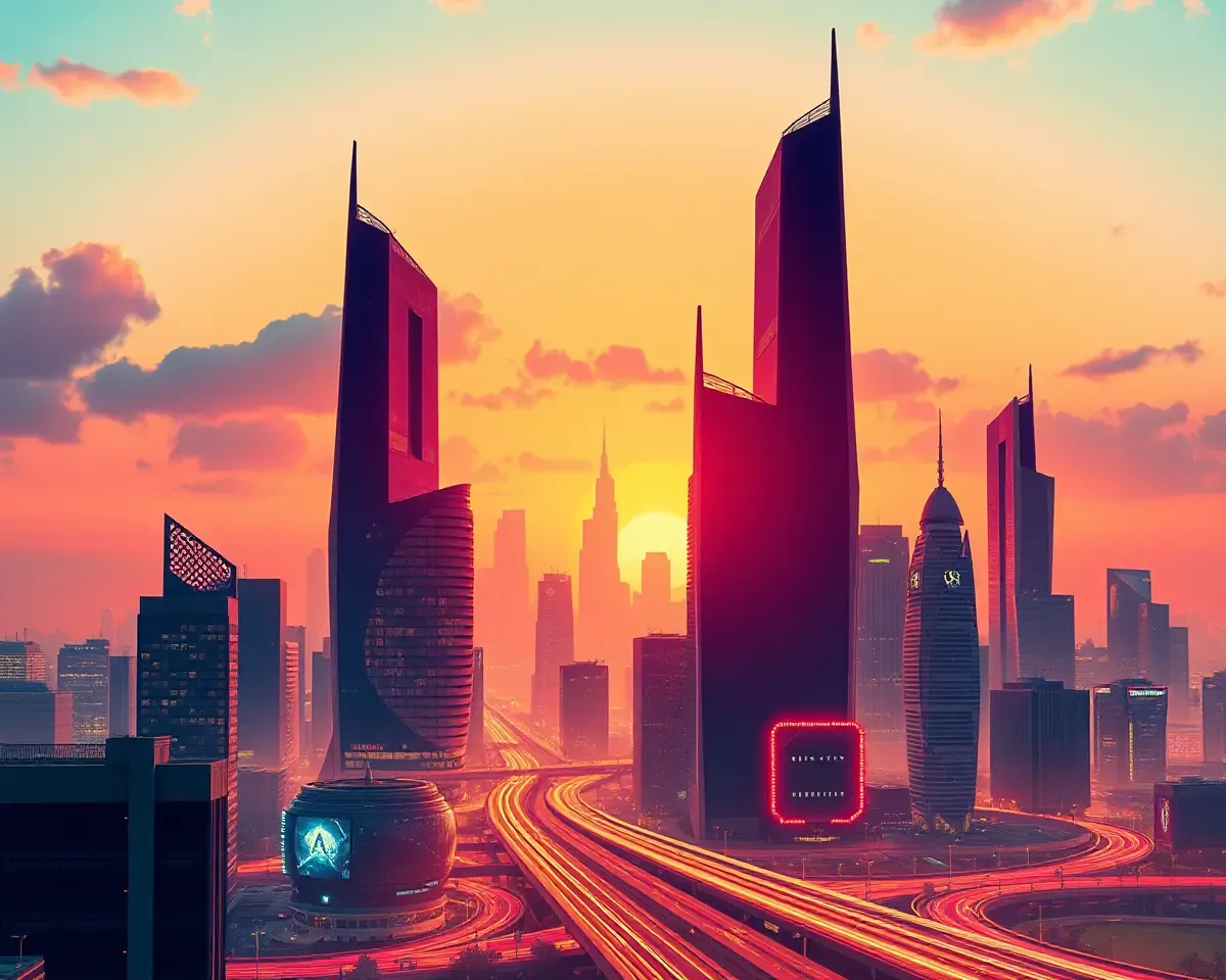 Futuristic Cityscape in Iconic AK Font Style at Sunset