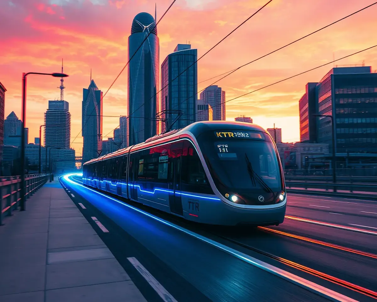 Futuristic Cityscape with KTR Tram Leaving Trail of Sparks